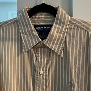 RARE 100 % Cotton Ralph Lauren Polo GOLF Tan and White Striped Shirt. EUC